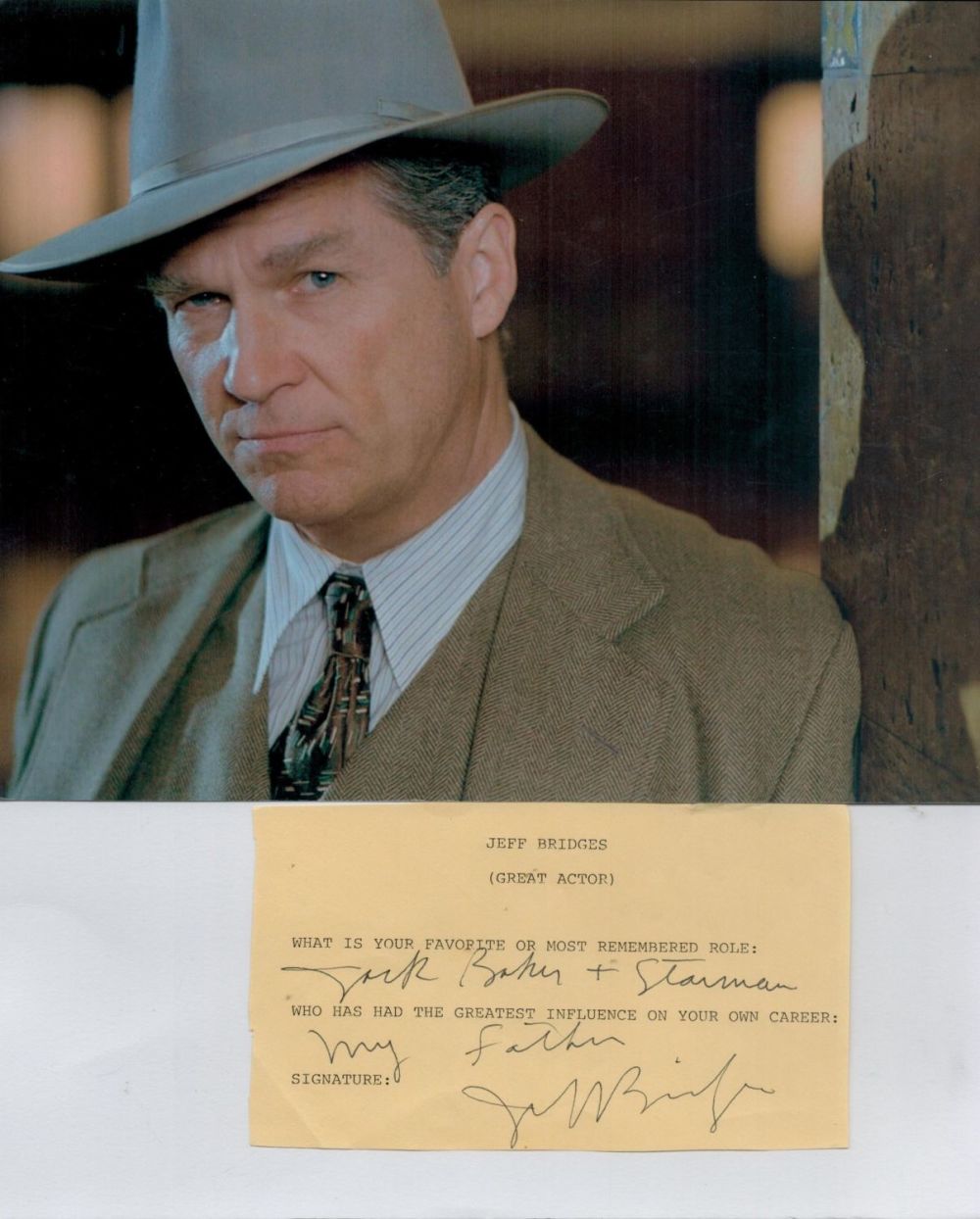 Lot 400: Jeff Bridges signed 6x4 inch page and 10x8...