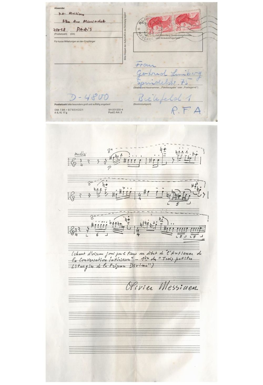 Lot 459: Oliver Messiaen signed music sheet. Good condition. All...