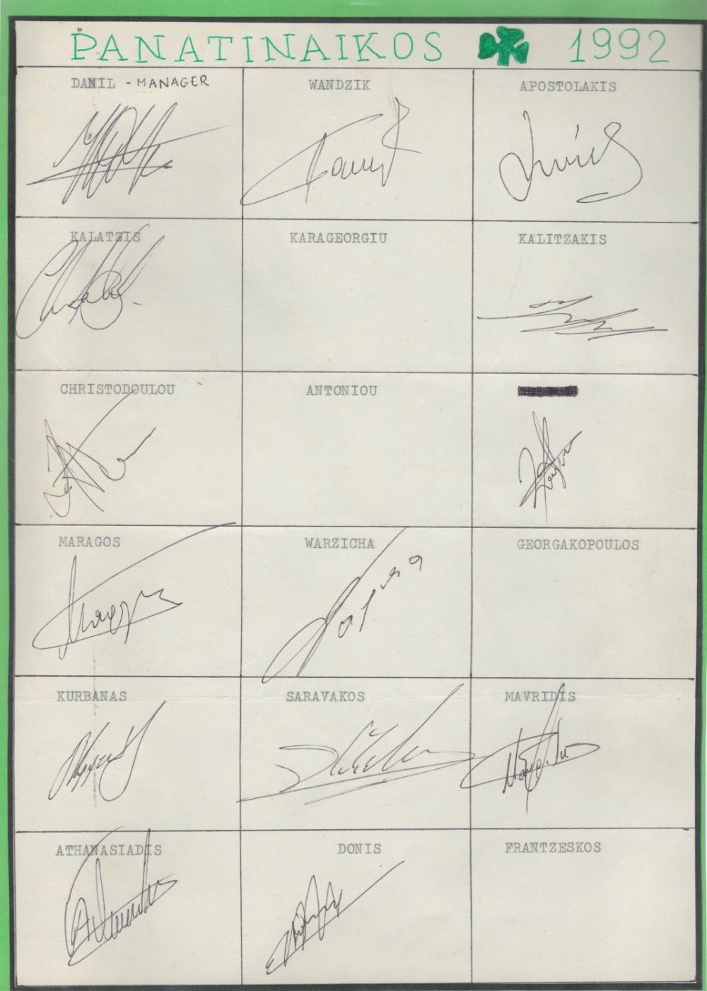 Lot 472: Panathinaikos Athens 1992 multi signed A4 Sheet. Daniel...