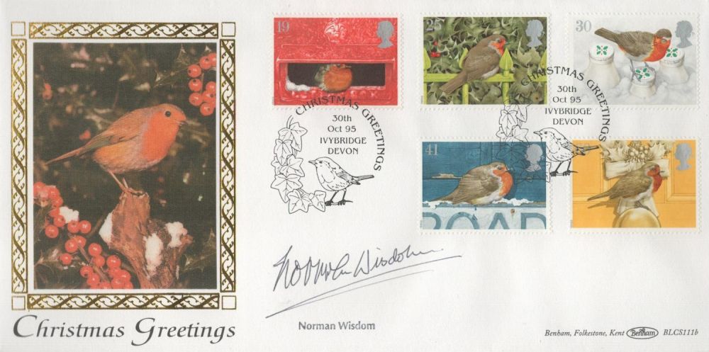 Lot 534: Norman Wisdom signed Christmas Greetings FDC. 30/10/95 Ivybridge...