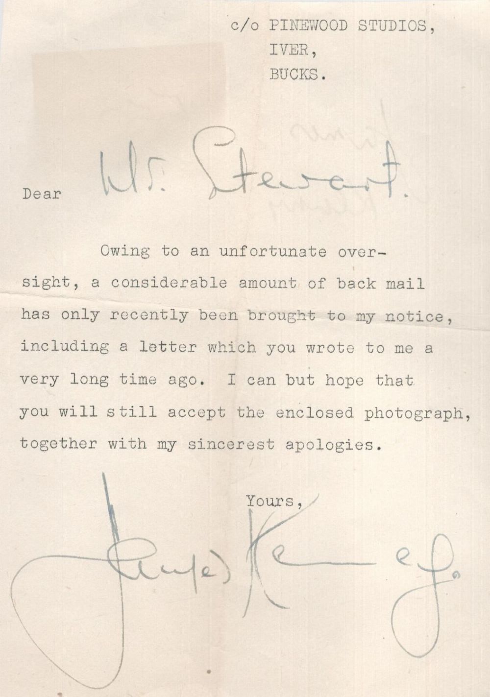Lot 550: James Kenny Signed 1950's Vintage Letter from Pinewood...
