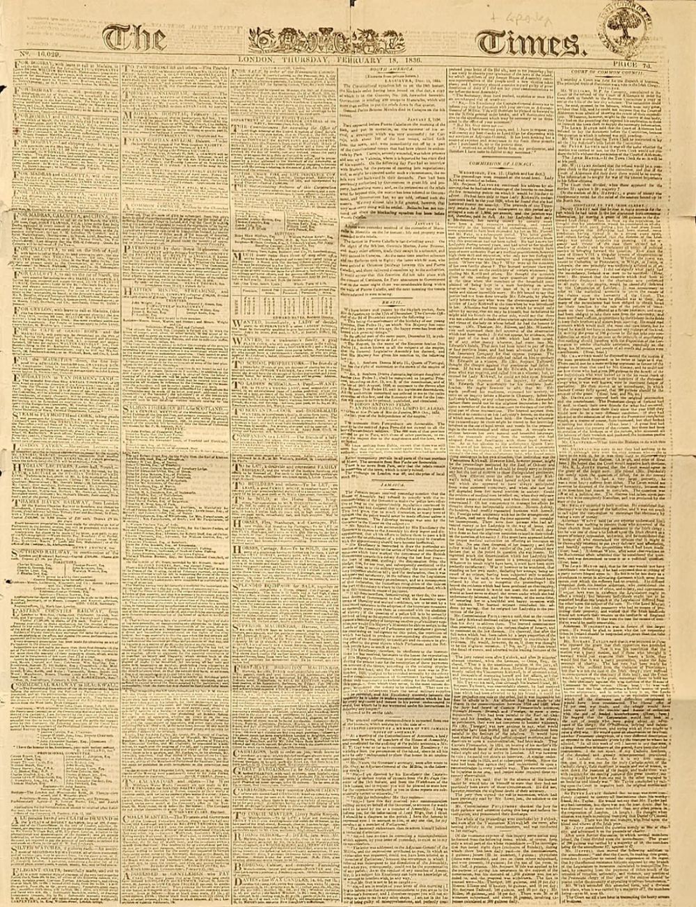 Lot 567: The Times 18 Feb 1836 original newspaper. Includes...
