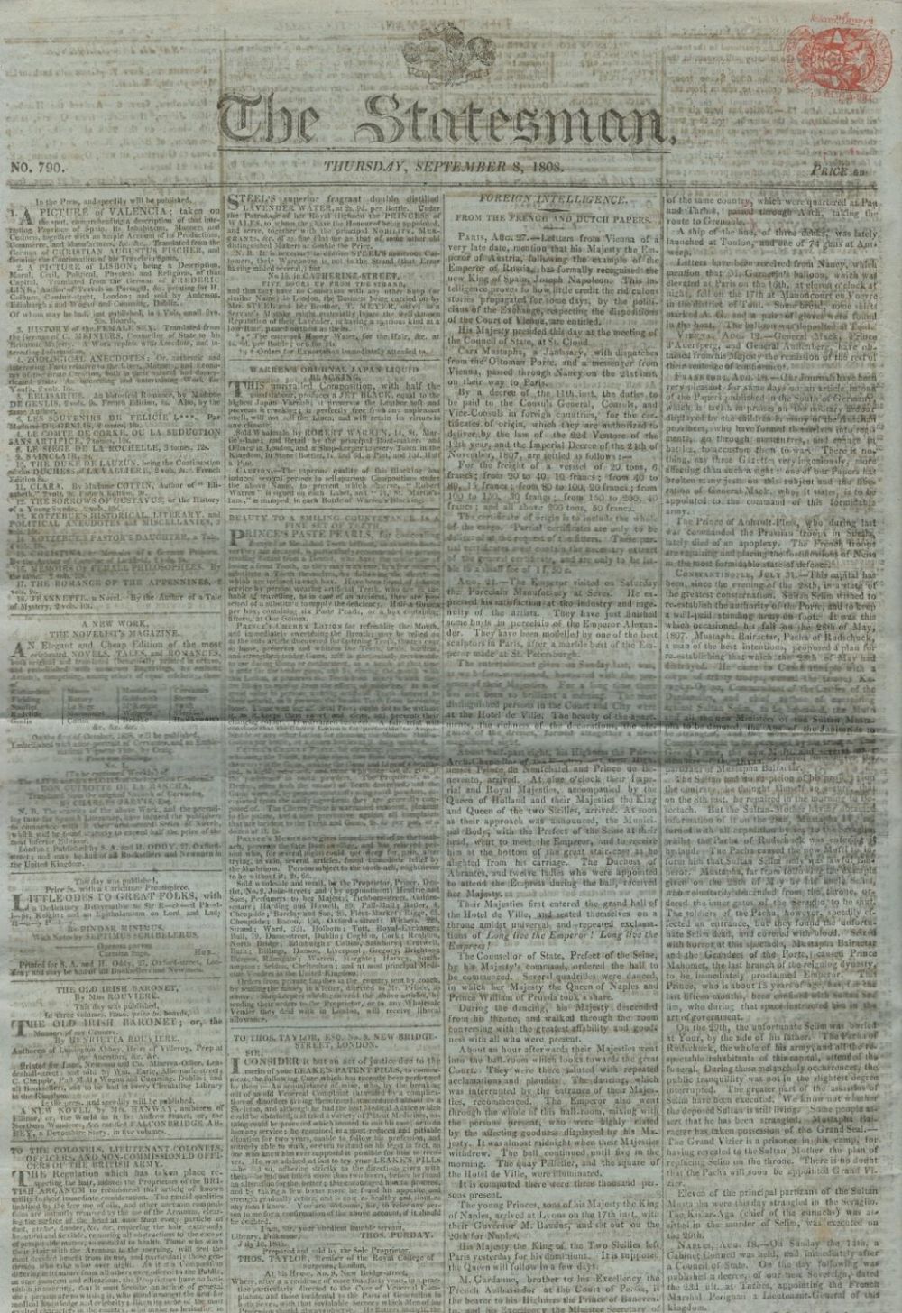 Lot 569: The Statesman 8 Sept 1808 original newspaper. Recognition...