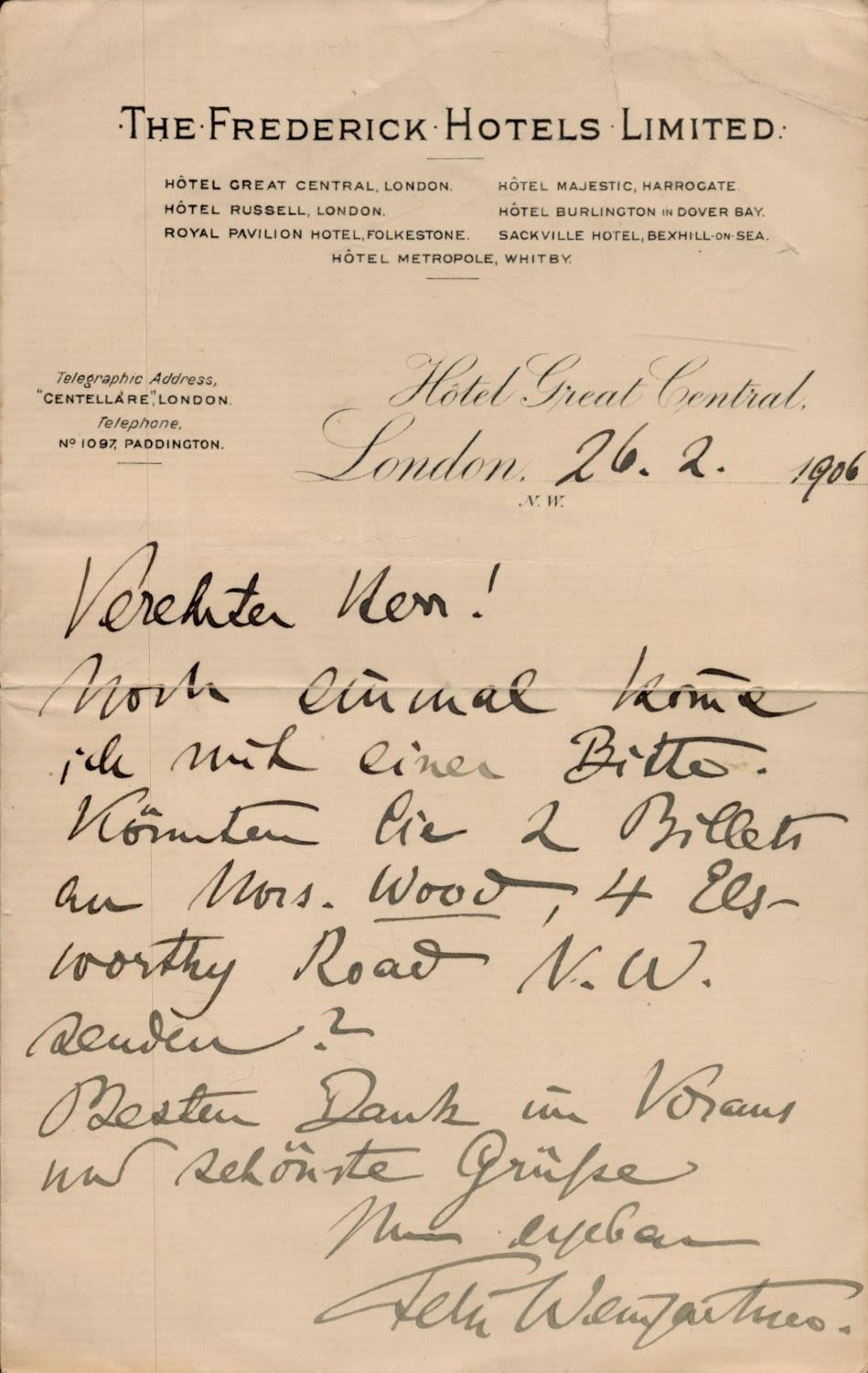 Lot 84: Felix Weingartner Vintage ALS Frederick Hotel headed paper...