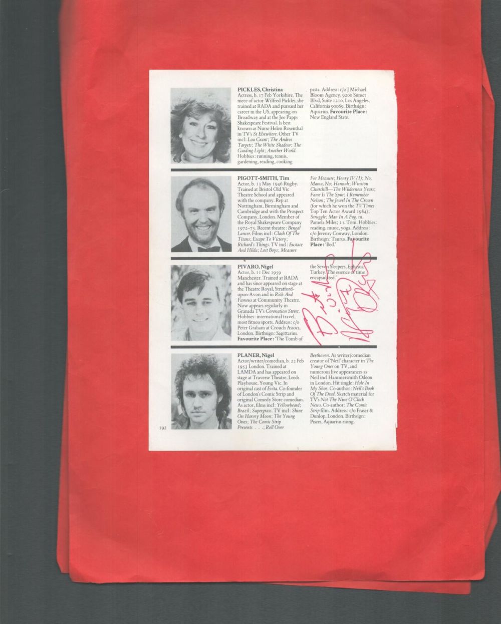 Lot 210: Actor, Nigel Pivaro signed book page. Matthews has...