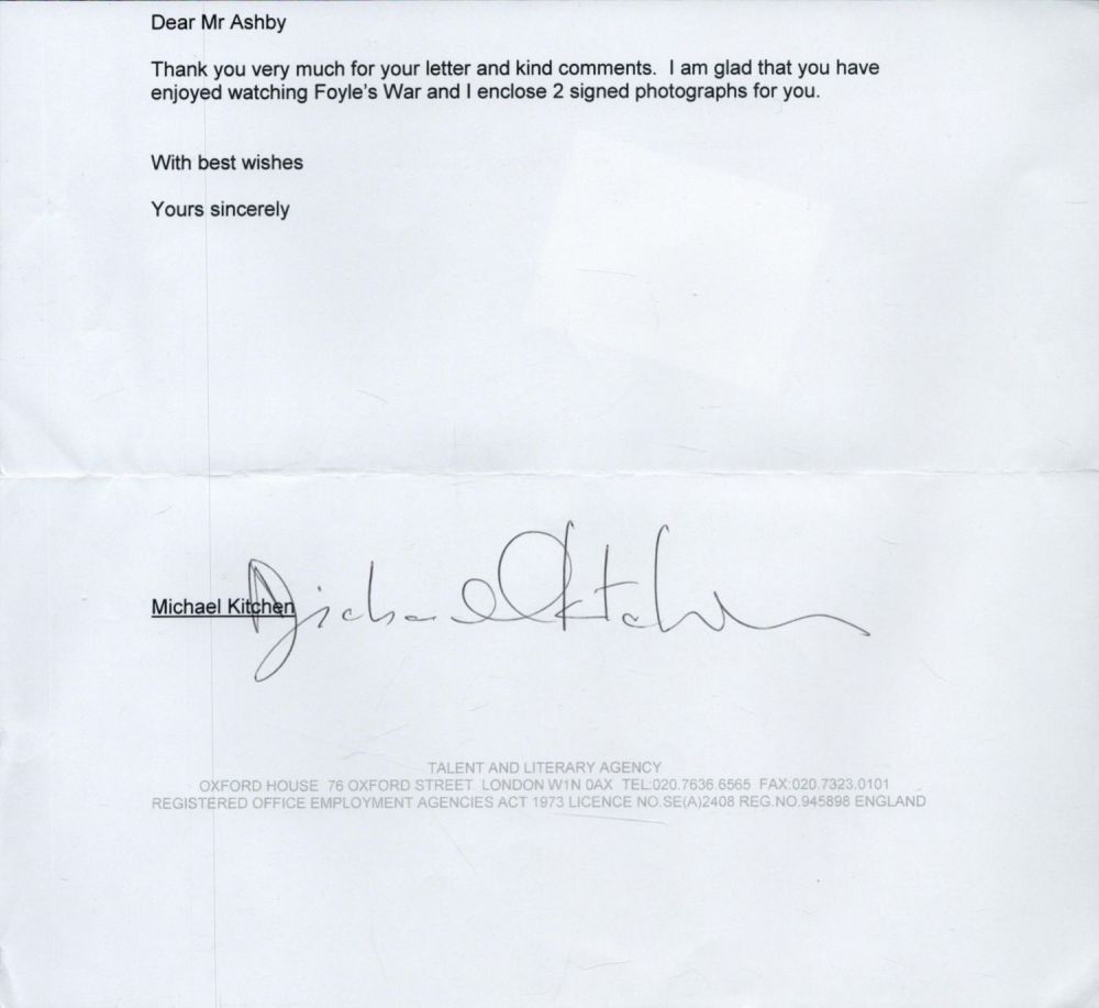 Lot 434: Michael Kitchen Signed Typed Letter. Undated. Signed in...