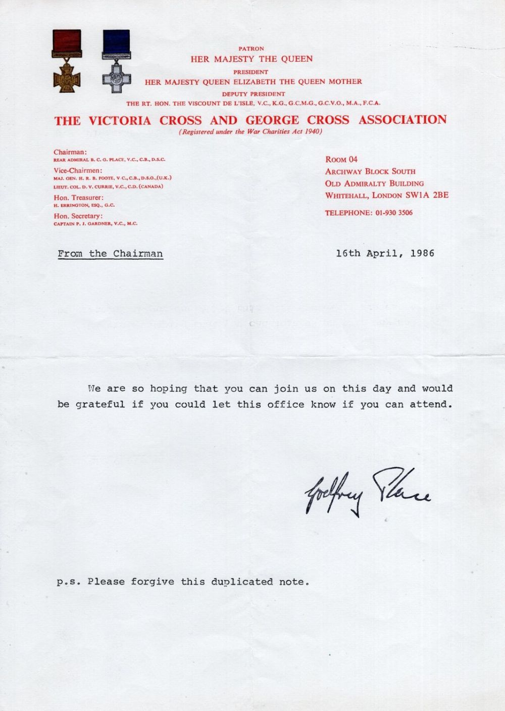 Lot 557: Victoria Cross Association headed letter, A4 in size,...