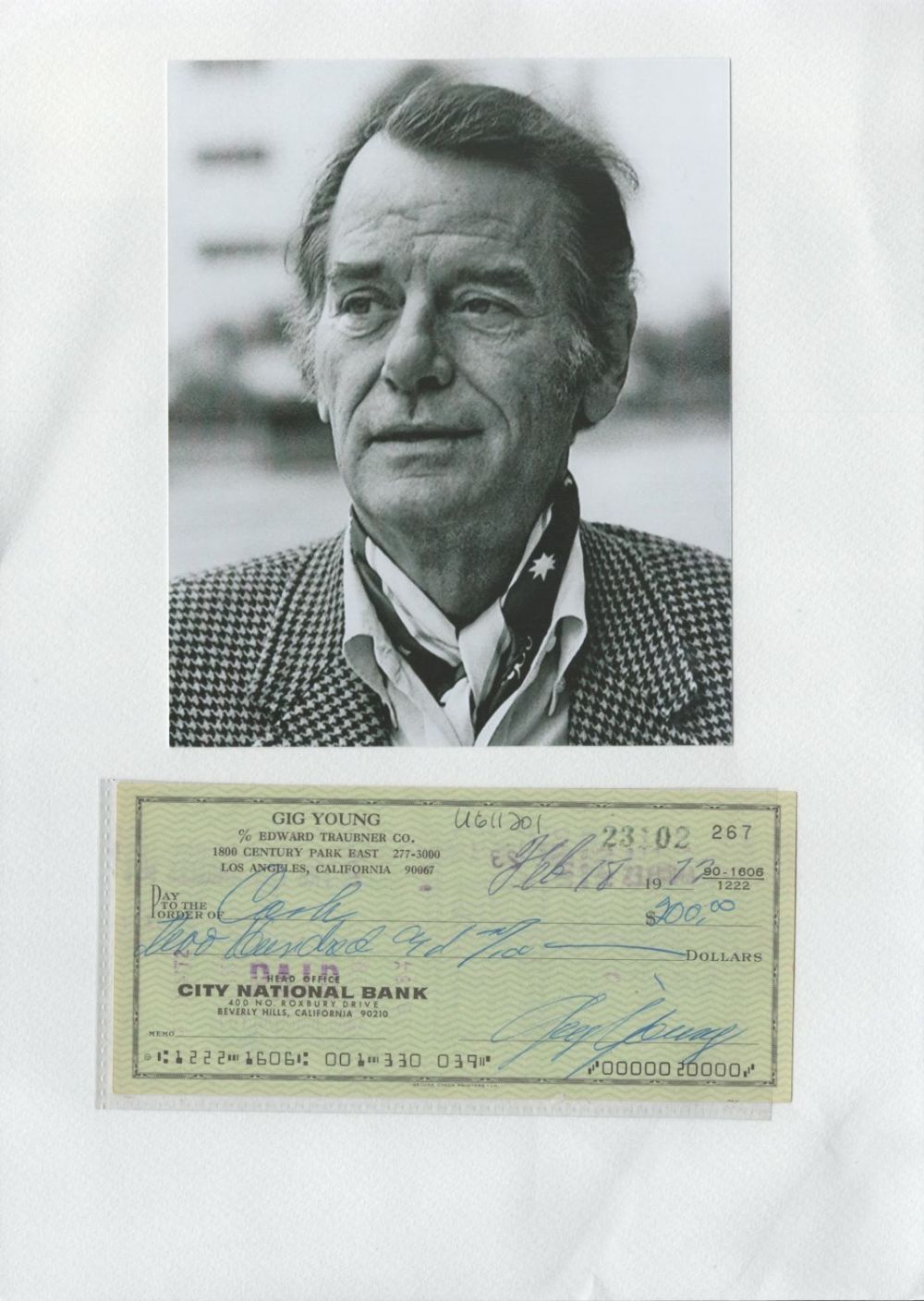 Lot 205: Gig Young signed City National Cheque dated 18th...