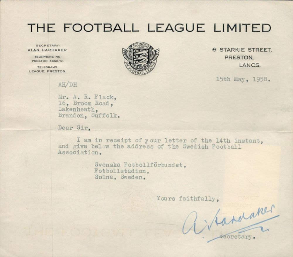 Lot 246: Alan Hardaker Signed TLS Dated 15th May 1958...