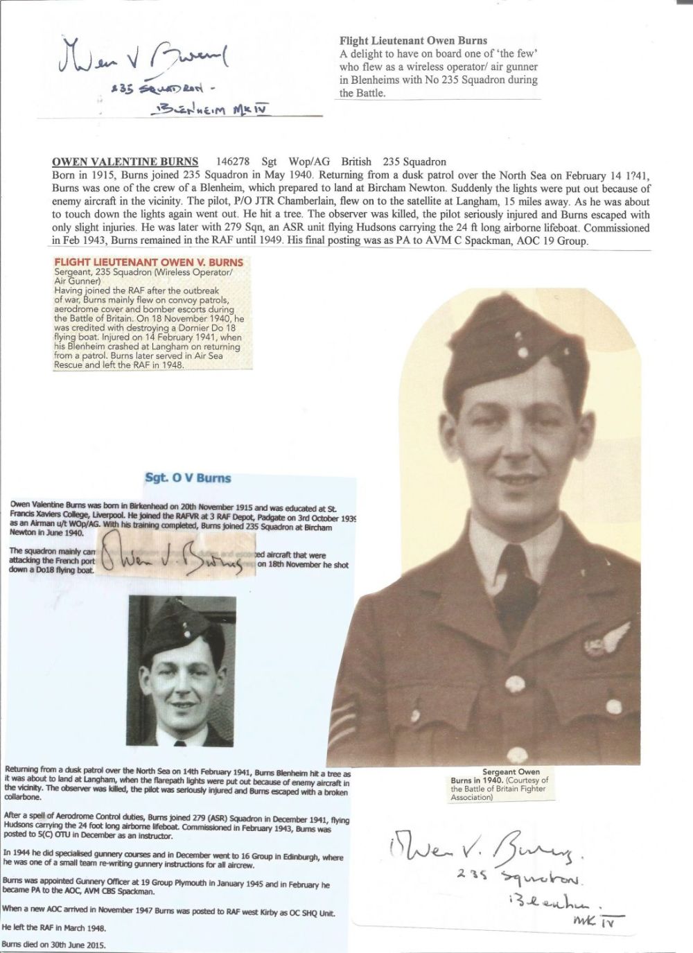 Lot 134: WW2 BOB fighter pilot Owen Burns 235 sqn...