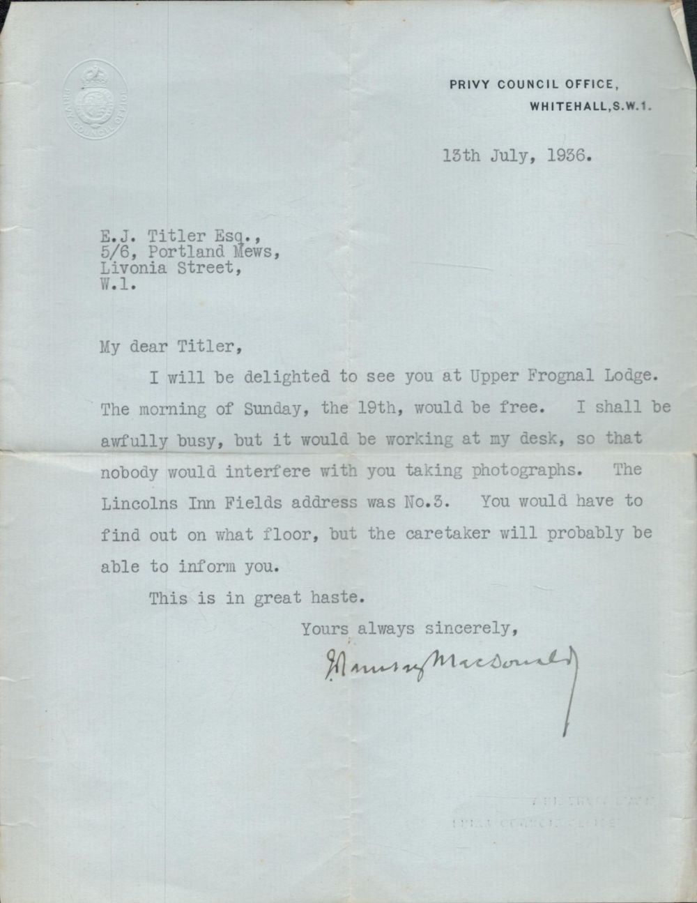 Lot 158: Ramsay Macdonald TLS dated 13/7/1936. Good condition. All...