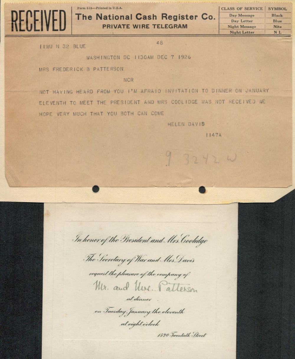 Lot 169: President Calvin Coolidge telegram and invitation. 1926. UNSIGNED....