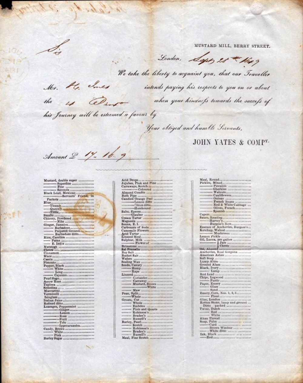 Lot 275: Handwritten Early Letter from 1849 with Suppliers Grocery...