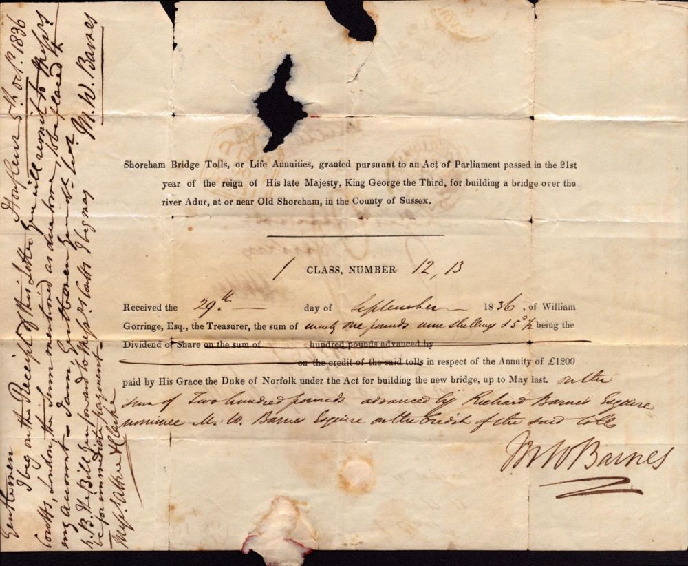 Lot 278: Handwritten Letter from 1836 outlining Shoreham Bridge Tolls....