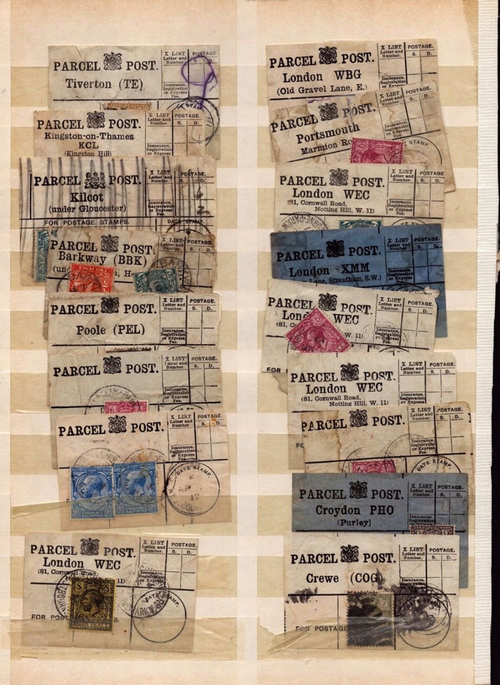 Lot 280: 17 GB Parcel Post Labels with Stamps on...