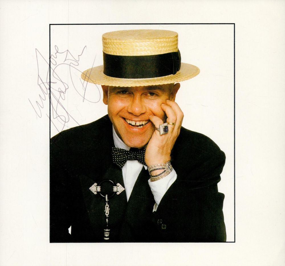 Lot 331: Elton John signed 8x8 inch Sothebys's collection colour...