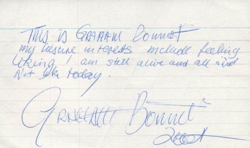 Lot 355: Graham Bonnet signed 5x3 inch white page inscribed...