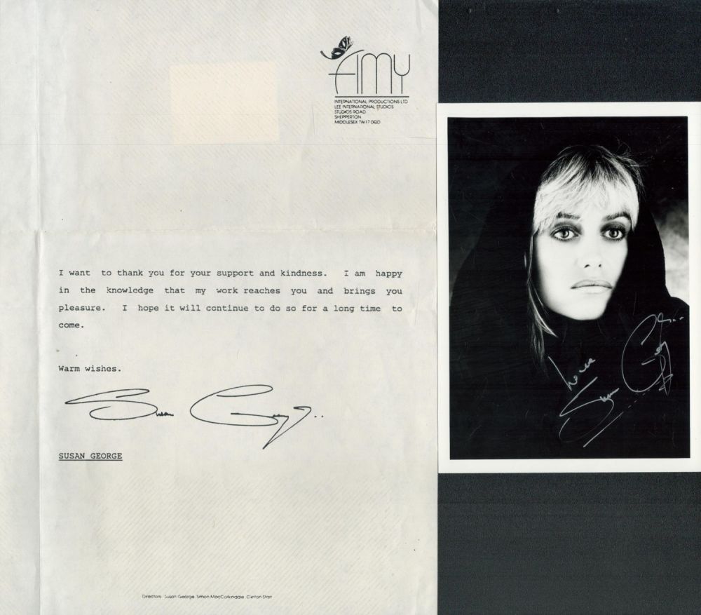 Lot 230: Susan George signed 7x5inch black and white photo...