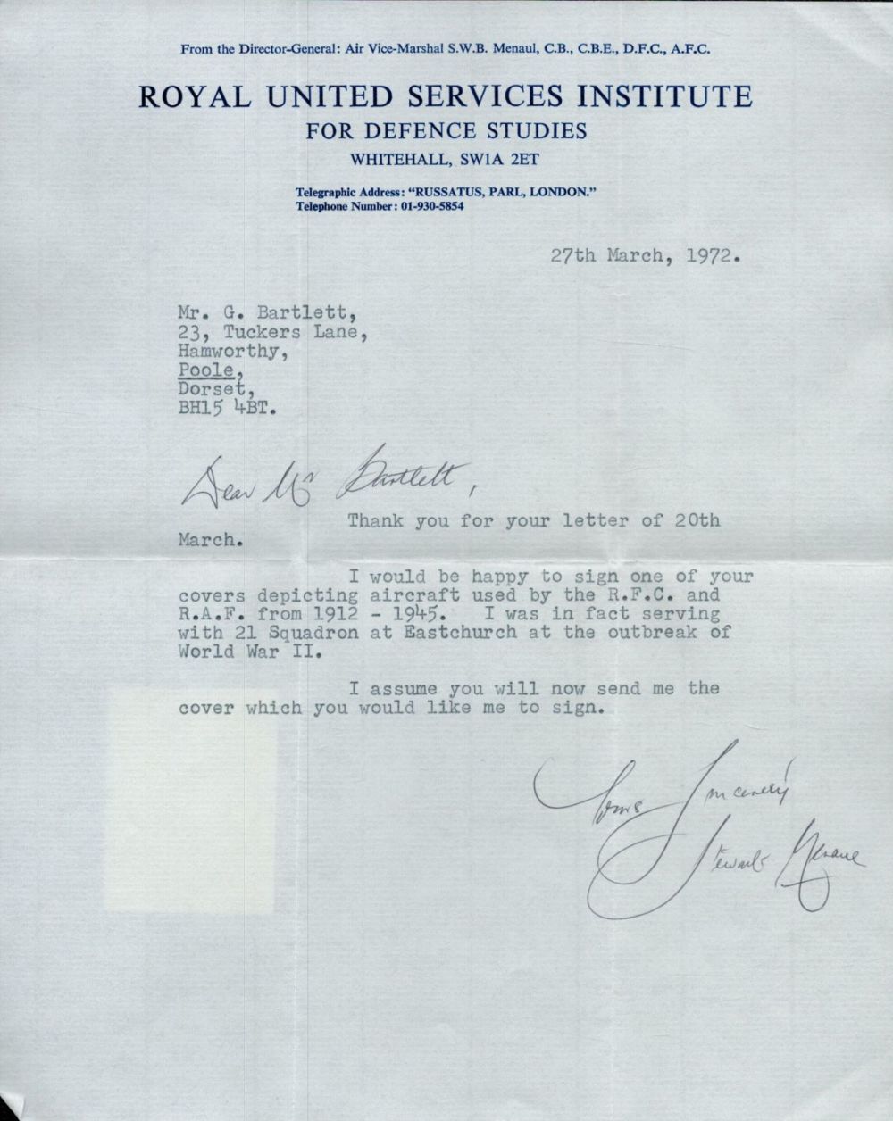 Lot 383: Typed Letter on Headed Paper Signed by Air...