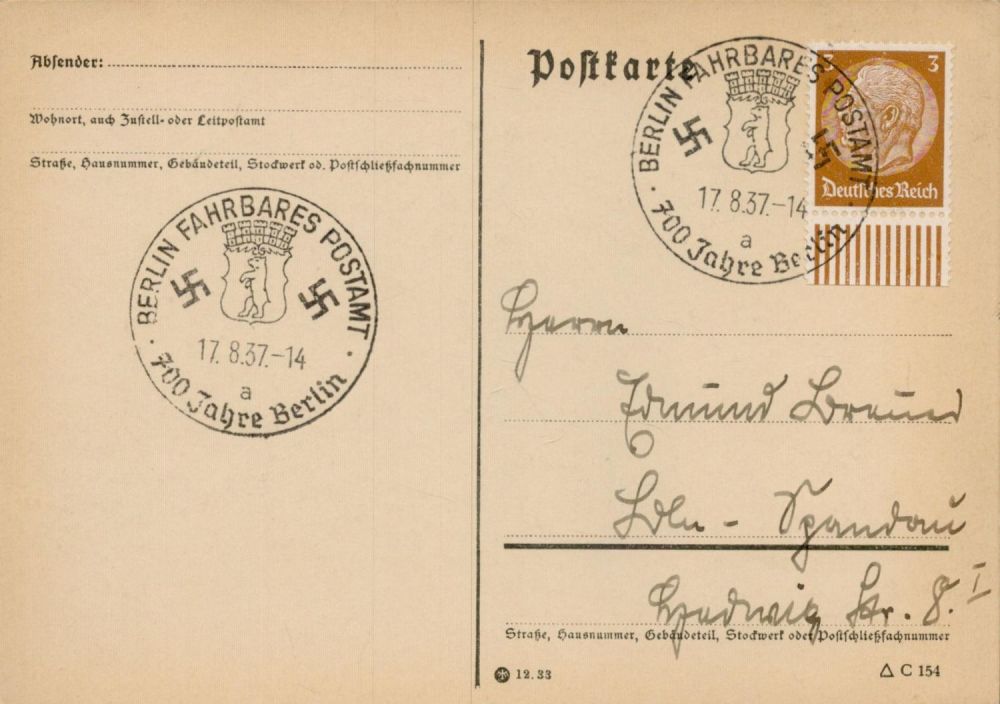 Lot 389: Postcard 17 8 37 Berlin 3rd Reich Germany...