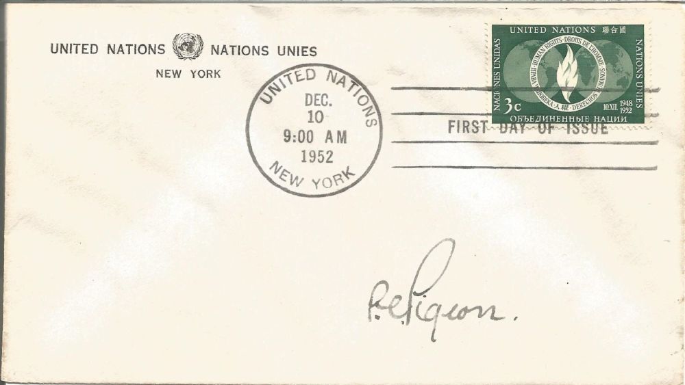 Lot 725: R. E. Pigion signed unflown United Nations FDC....
