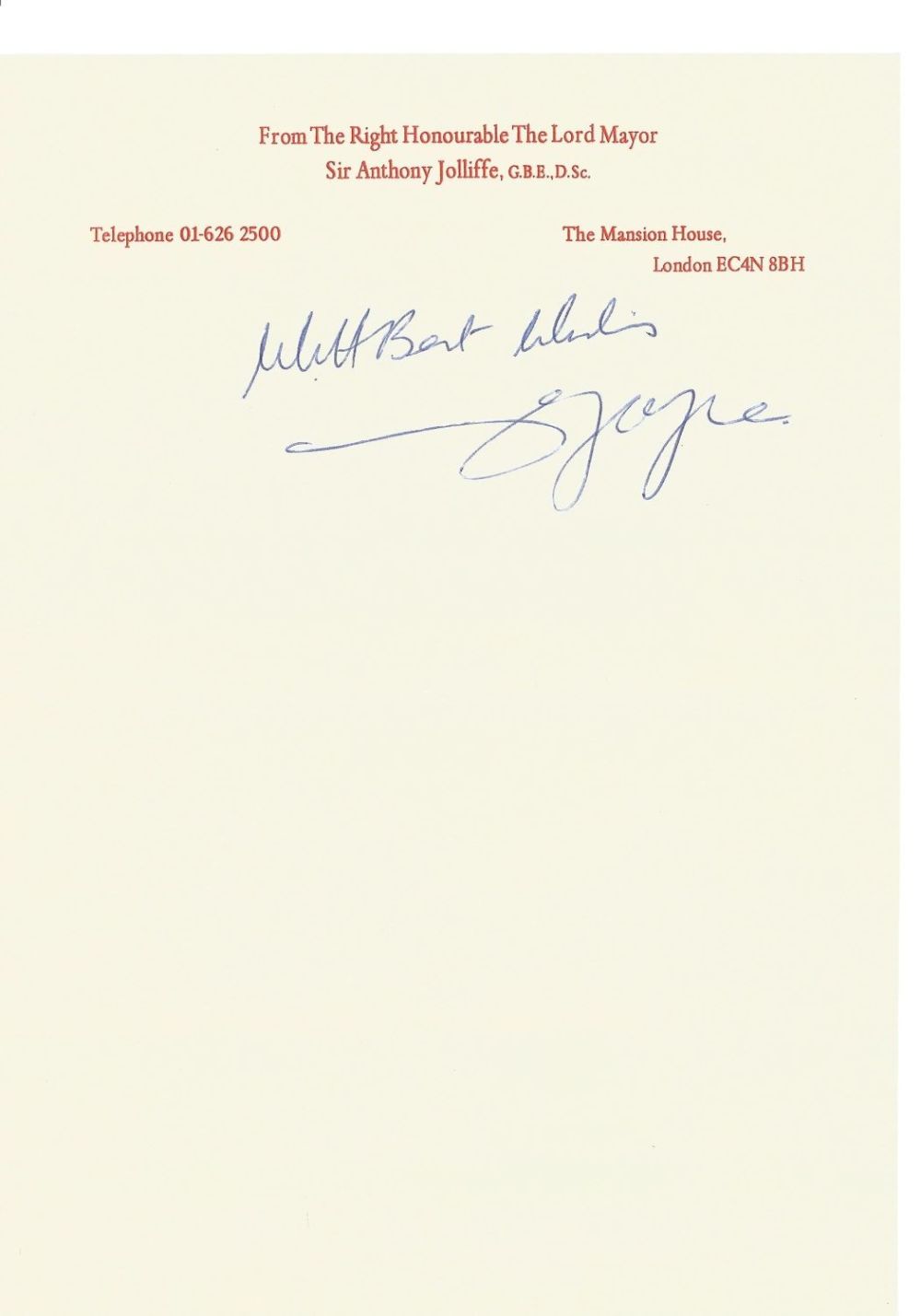 Lot 741: Lord Mayor Sir Anthony Joliffe GBE DL DSc...