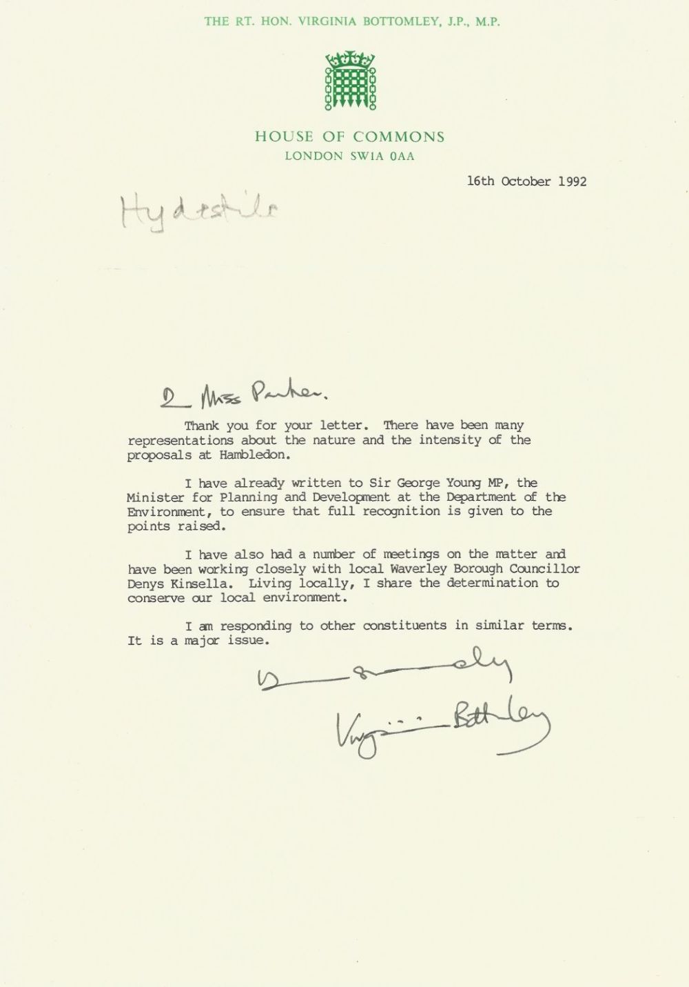 Lot 784: Virginia Bottomley TLS on House of Commons headed...