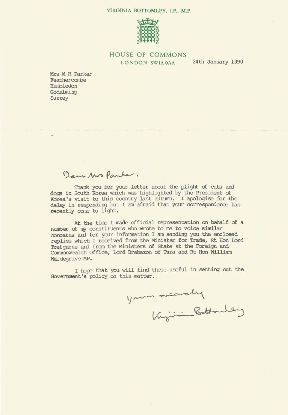 Lot 785: Virginia Bottomley TLS on House of Commons headed...