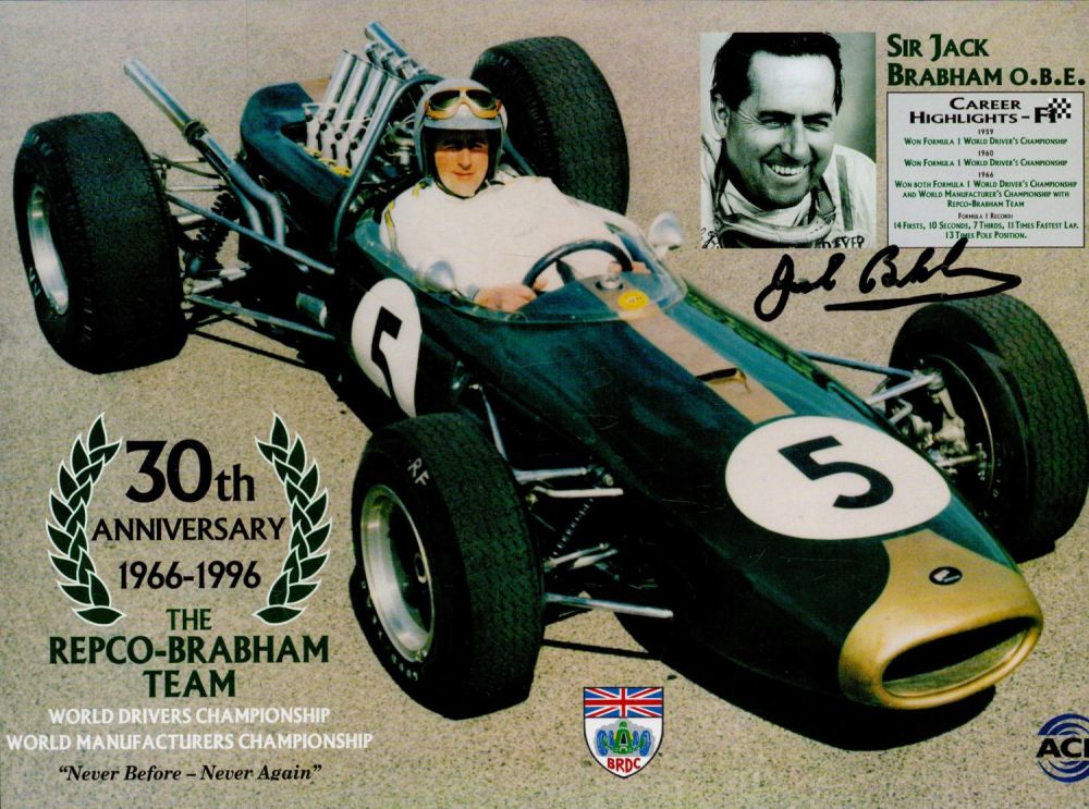 Lot 141: Sir Jack Brabham signed 11x8 inch colour 30th...