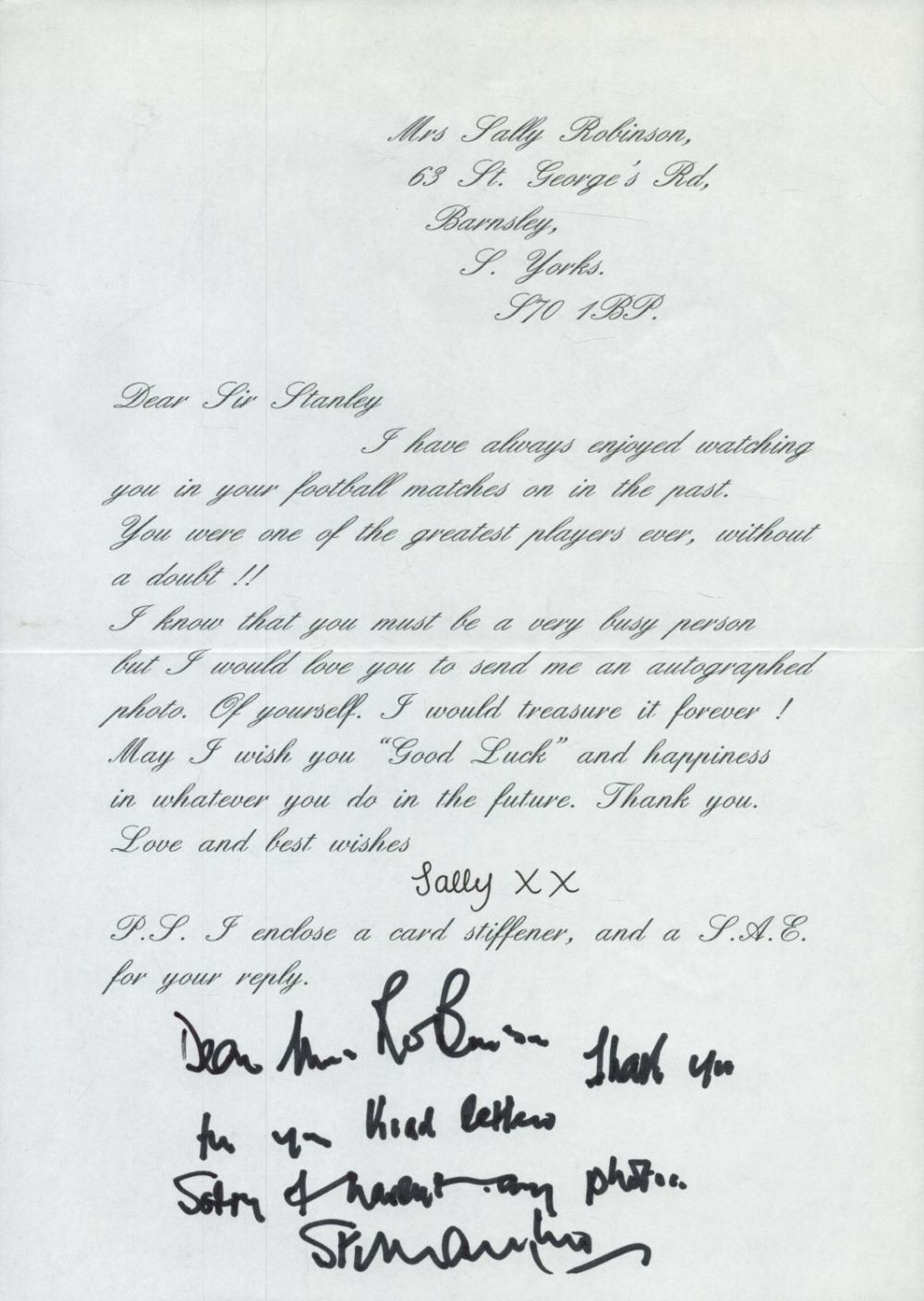 Lot 153: Sir Stanley Matthews signed handwritten response to printed...
