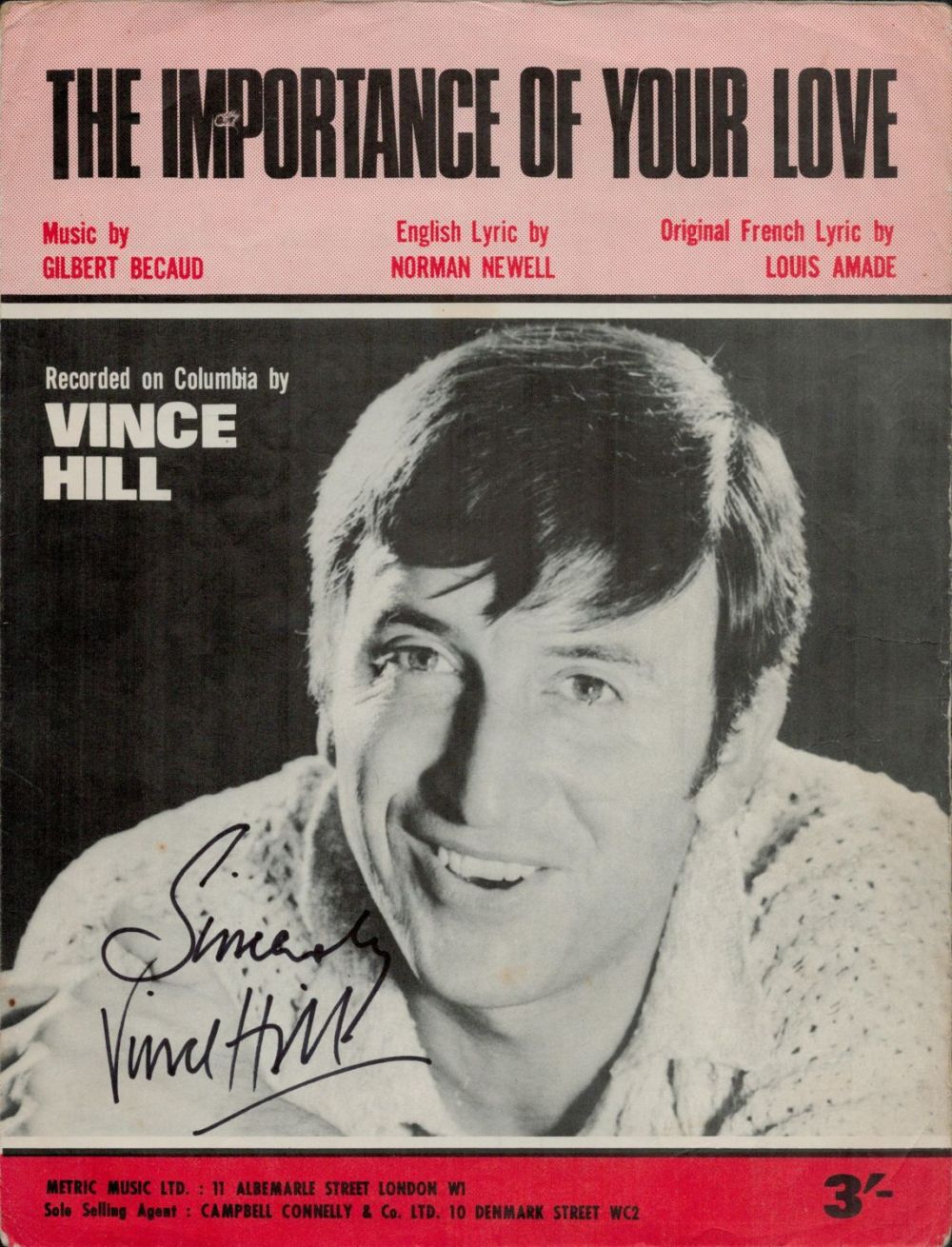 Lot 98: Vince Hill signed 11x8 inch The Importance of...