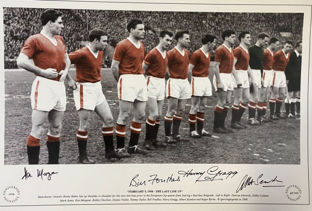 Lot 170: Football, Manchester United multi signed 12x18 colourised photograph,...