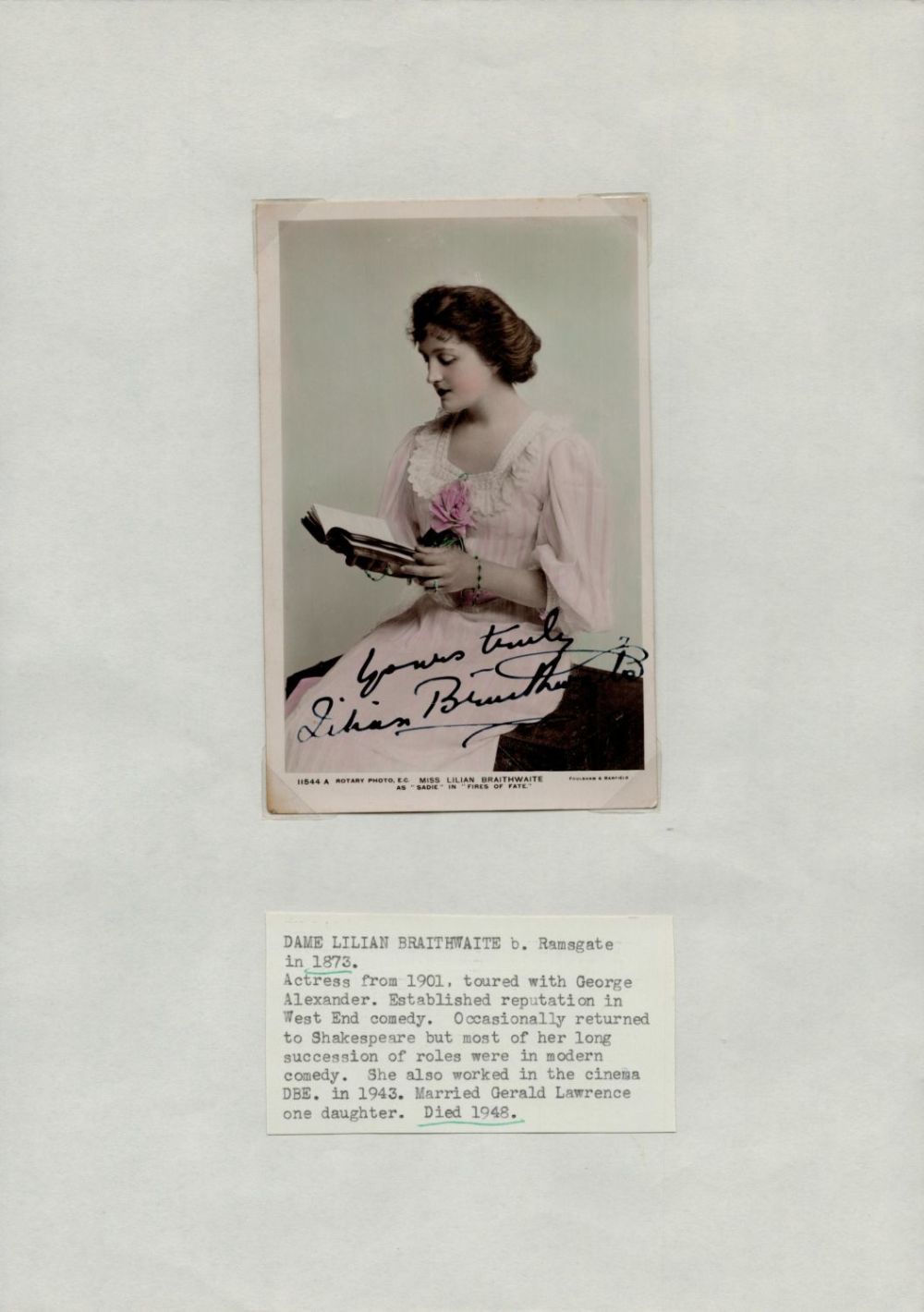 Lot 216: Vintage signed Dame Lilian Braithwaite colour photo 5.5x3.5...