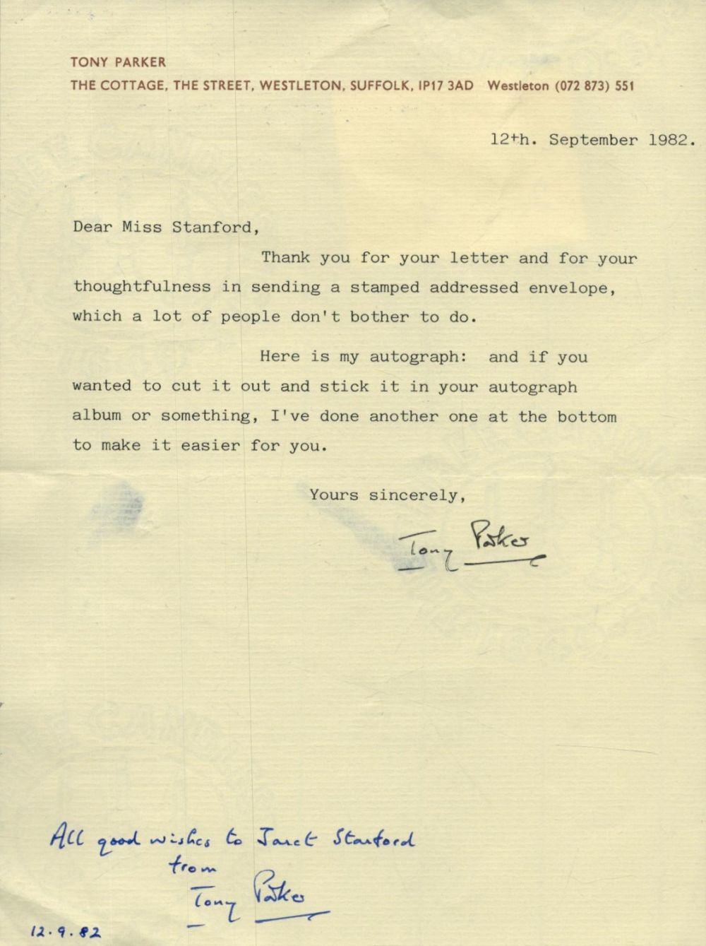 Lot 372: Tony Parker TLS dated 12th September 1982. (25...