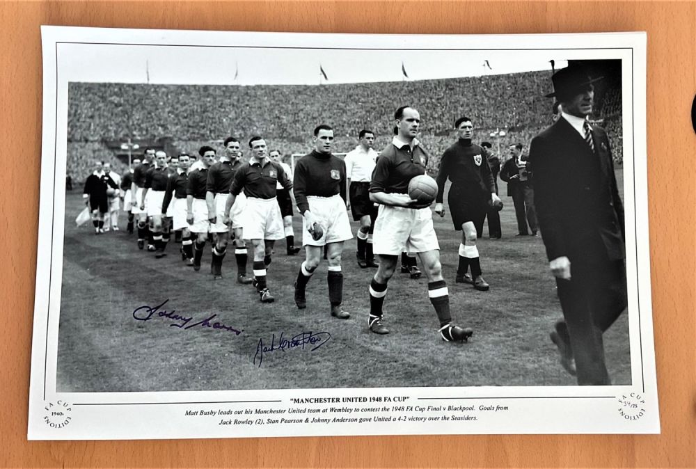 Lot 392: Football, Johnny Morris and Jack Crompton signed 12x18...