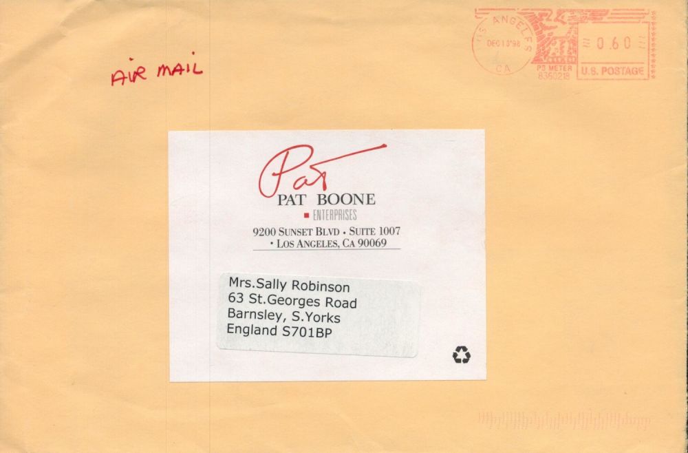 Lot 450: Pat Boone signed 9x6 inch envelope. Good condition....