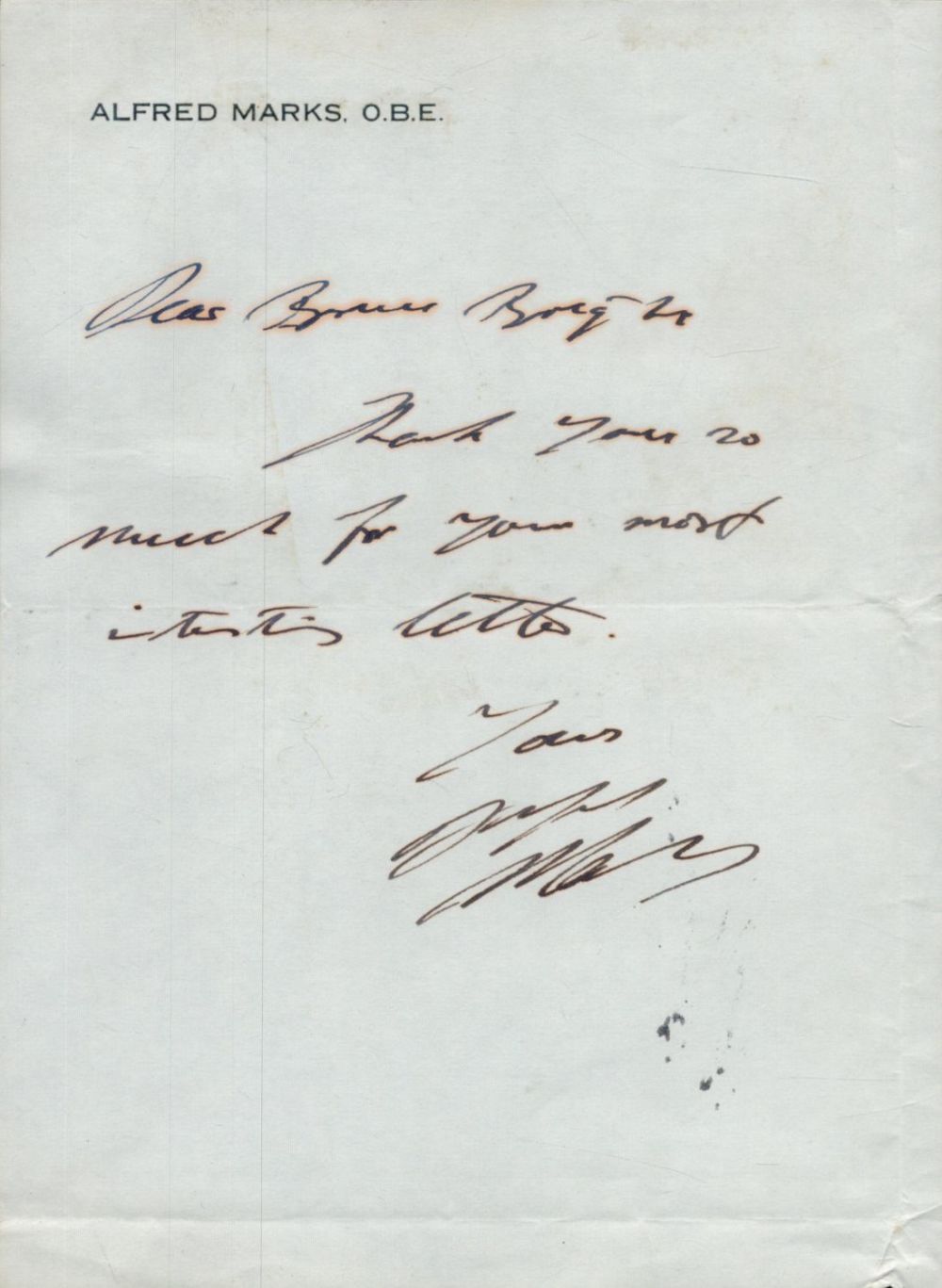 Lot 458: Alfred Marks Handwritten Signed Letter From The Film,...