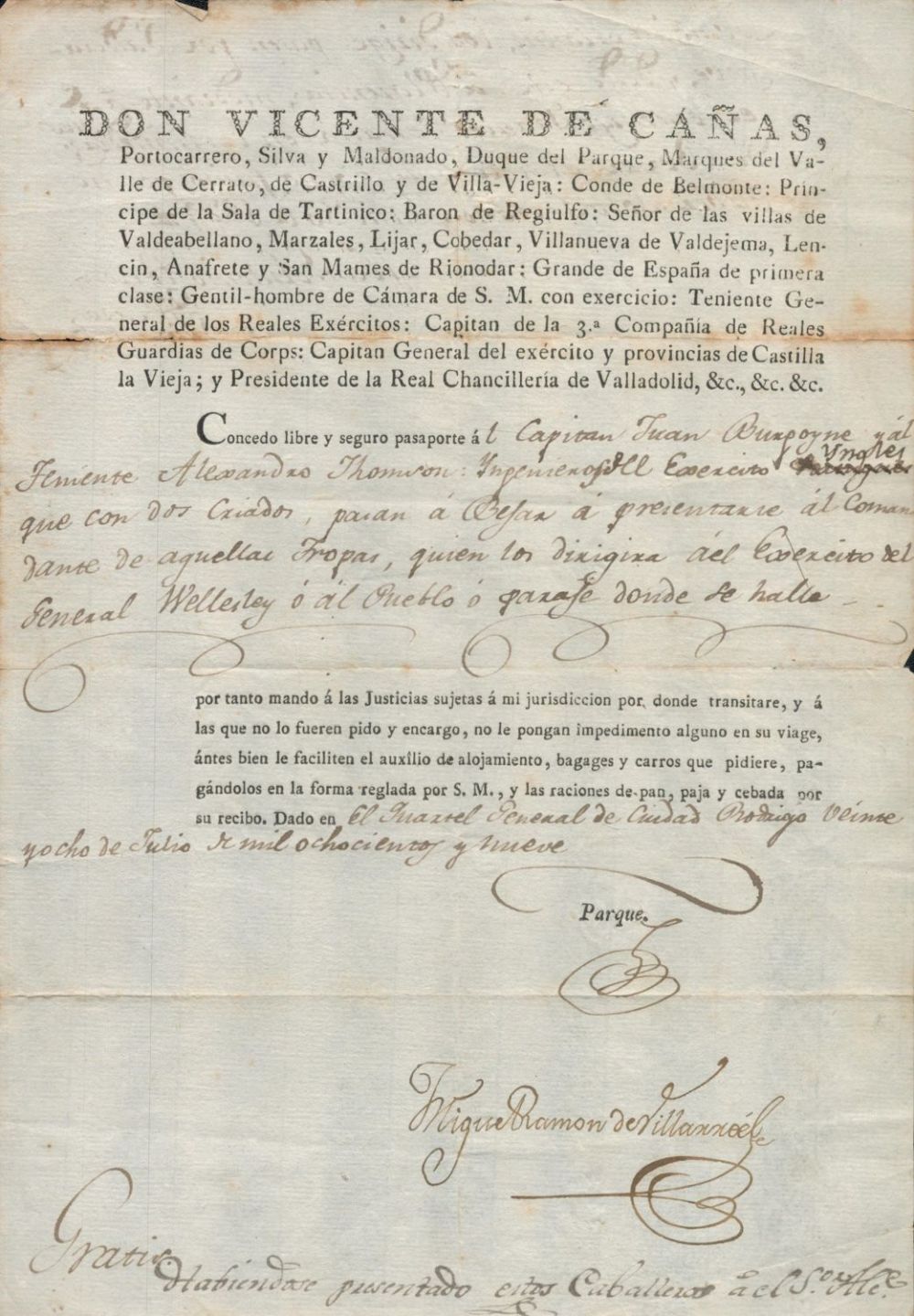 Lot 483: Wellington related Safe Passage in Spain document. 1809...