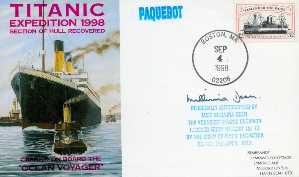 Lot 493: Millvina Dean signed Titanic Expedition 1998 cover. Good...