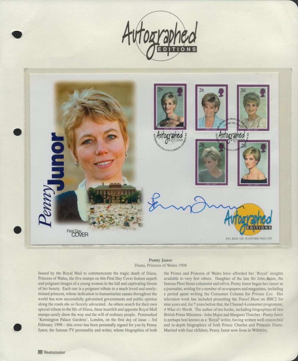 Lot 55: Penny Junor signed FDC Autographed Editions sheet. 5...