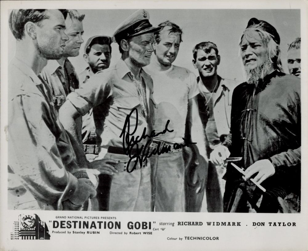 Lot 93: Richard Widmark signed 10x8 inch ""Destination Gobi ""...