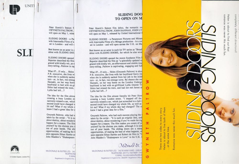 Lot 154: Film. Sliding Doors, 1988, Collection of Press Release...