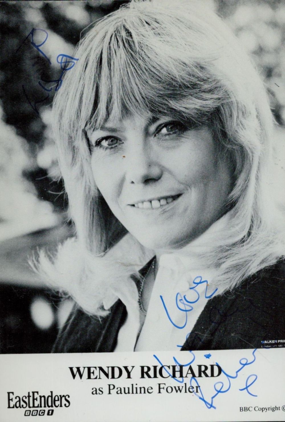 Lot 162: Wendy Richard signed Eastenders 6x4 inch black and...