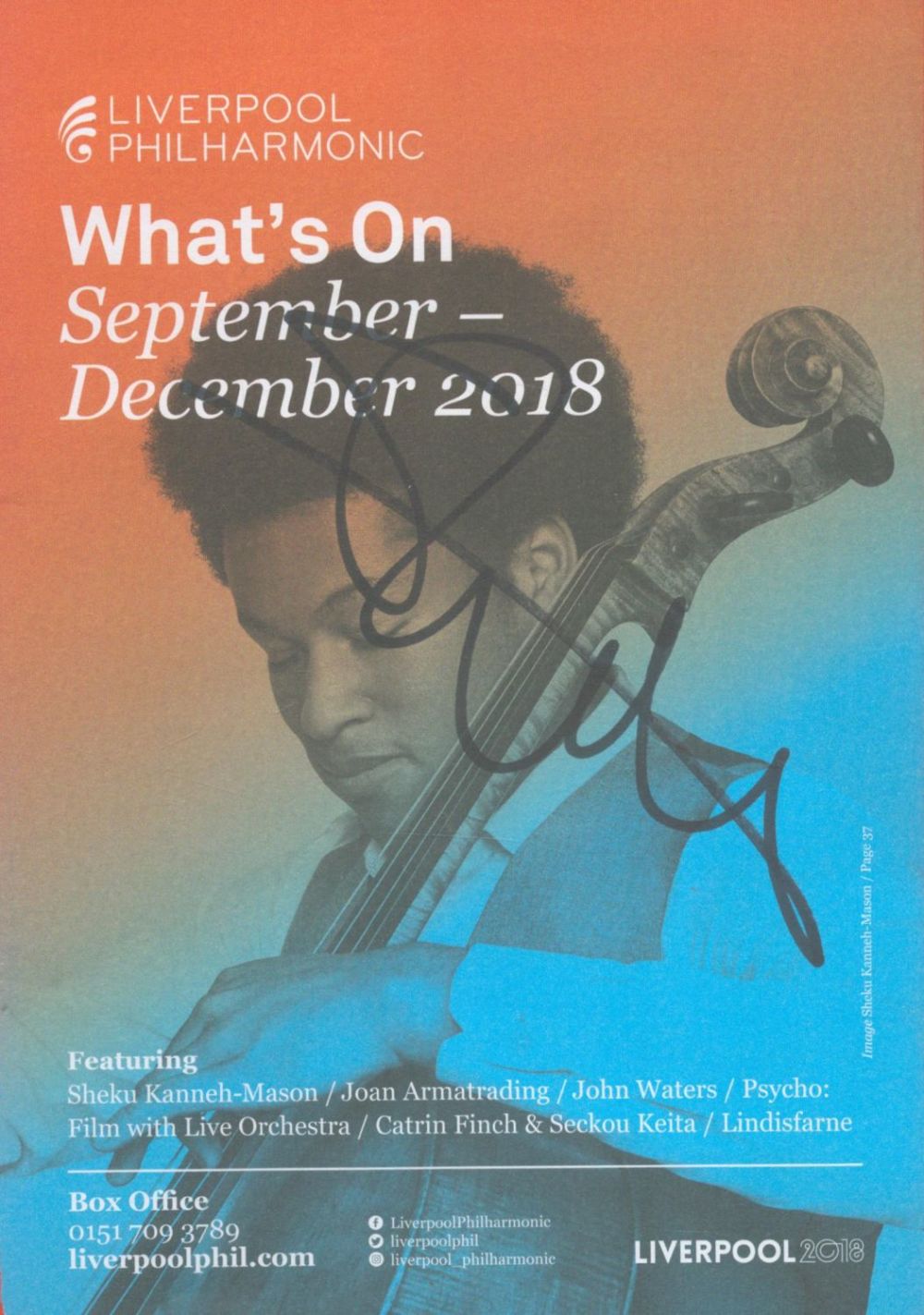 Lot 170: Musician Sheku Kanneh-Mason signed brochure cover. Good condition....