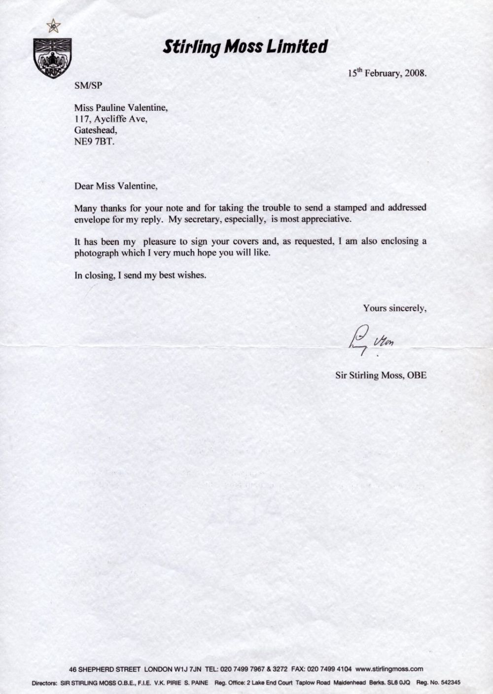 Lot 176: Sir Stirling Moss TLS dated 15/2/2008. Good condition....