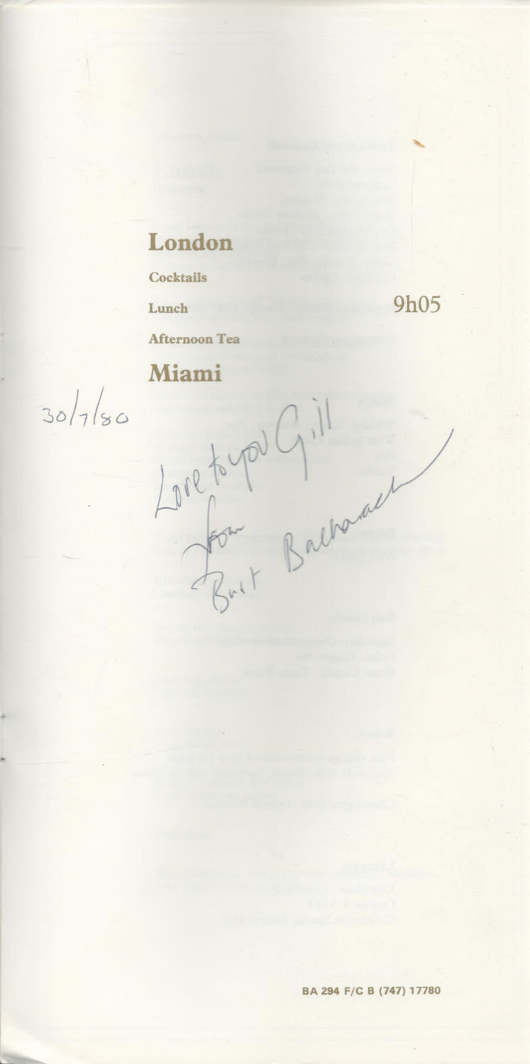 Lot 248: Burt Bacharach signed menu from BA flight. Signed...