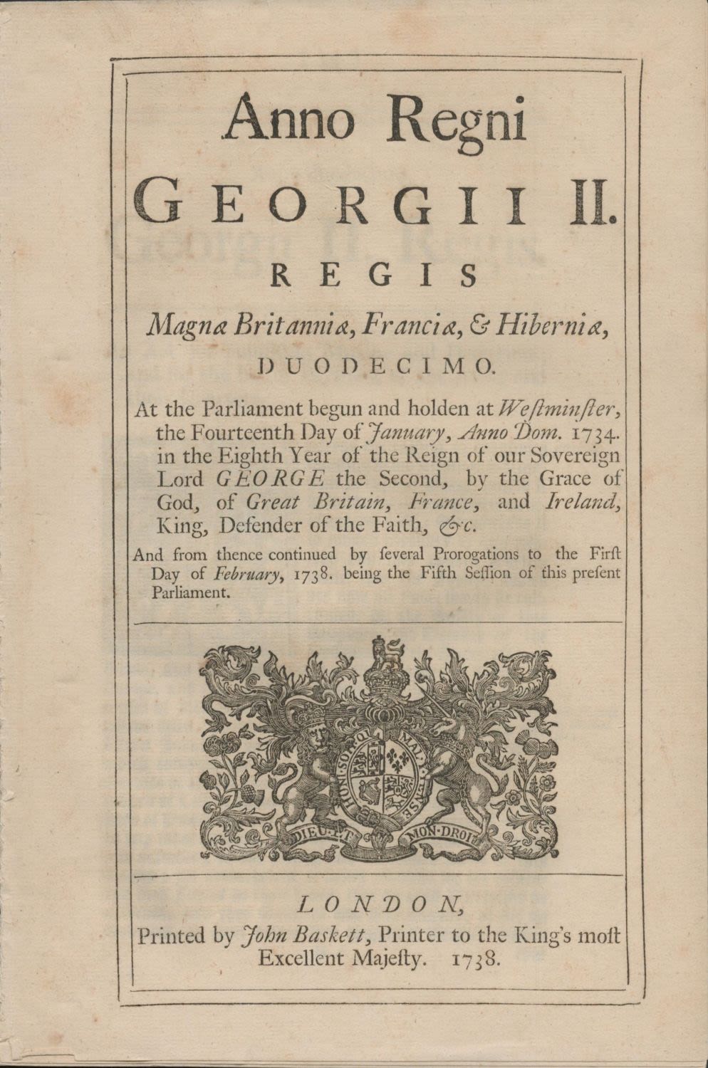 Lot 255: George II 1738 Act of parliament regarding punishing...