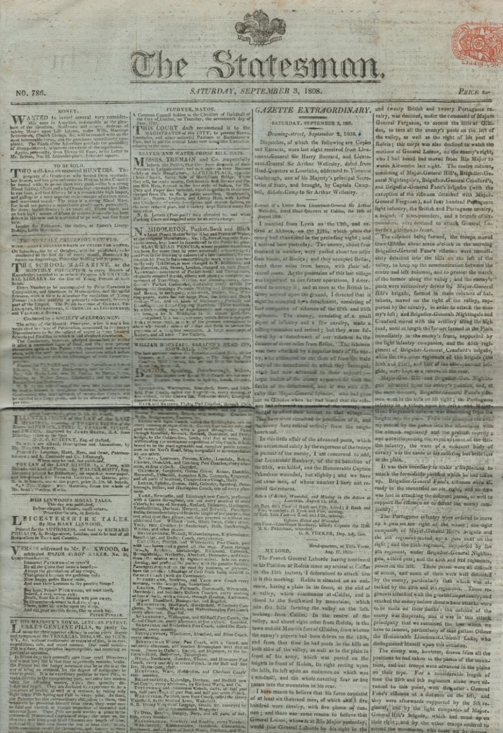 Lot 257: The Statesman 3 Sept 1808 original newspaper. Article...