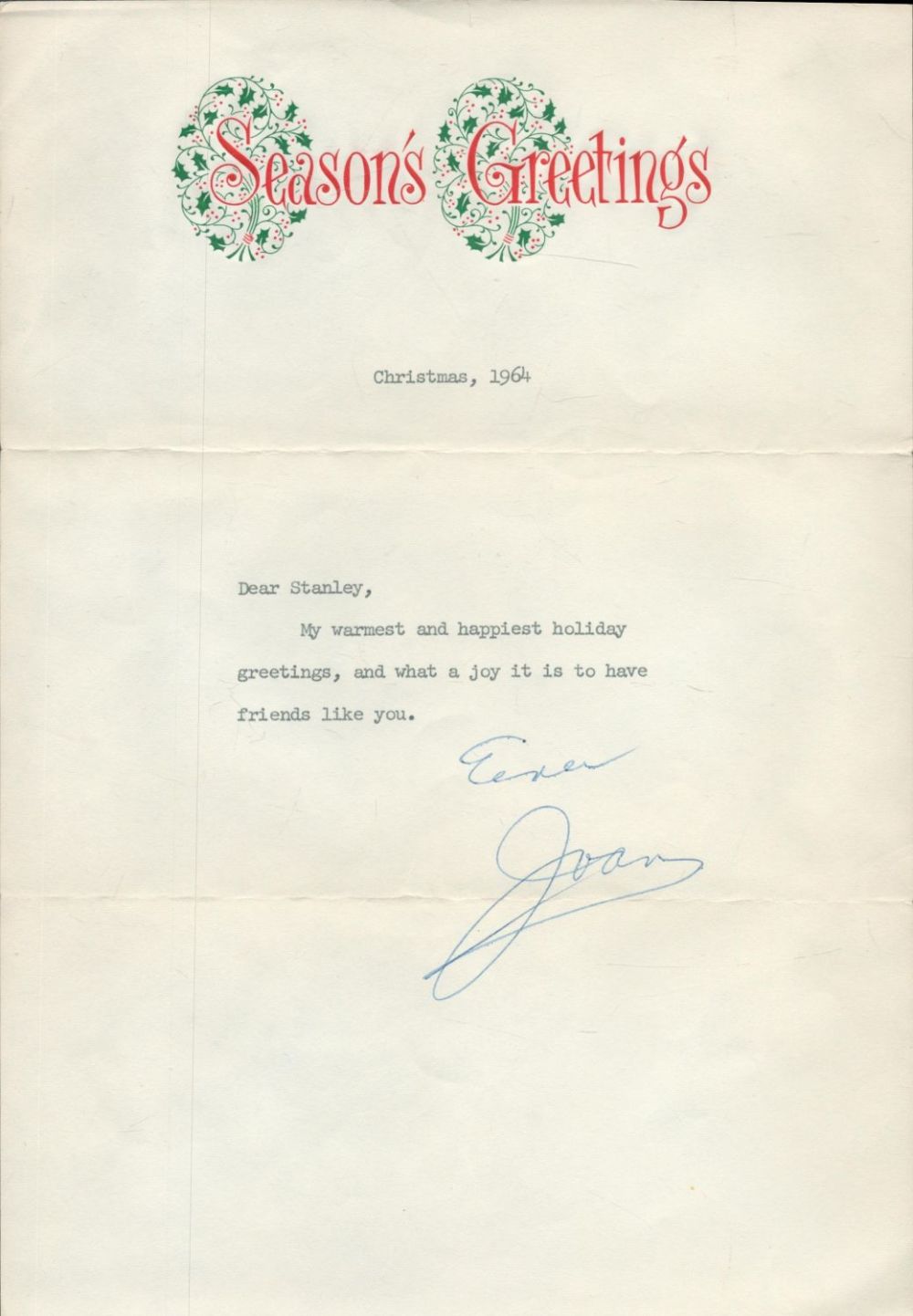 Lot 343: Joan Crawford signed Christmas letter dated 1964. Good...
