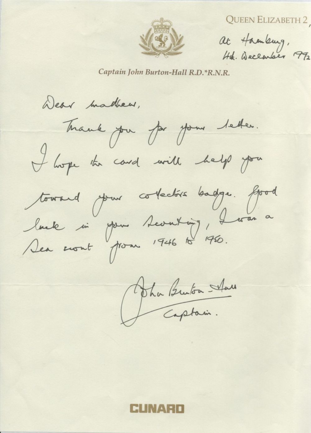 Lot 441: Captain John Burton Hall ALS Interesting Content. Dated...